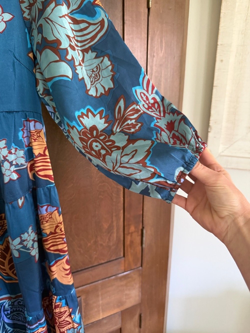 Teal Floral Tiered Midi Dress with Burnt Orange & Yellow Accents - Picture 4 of 6
